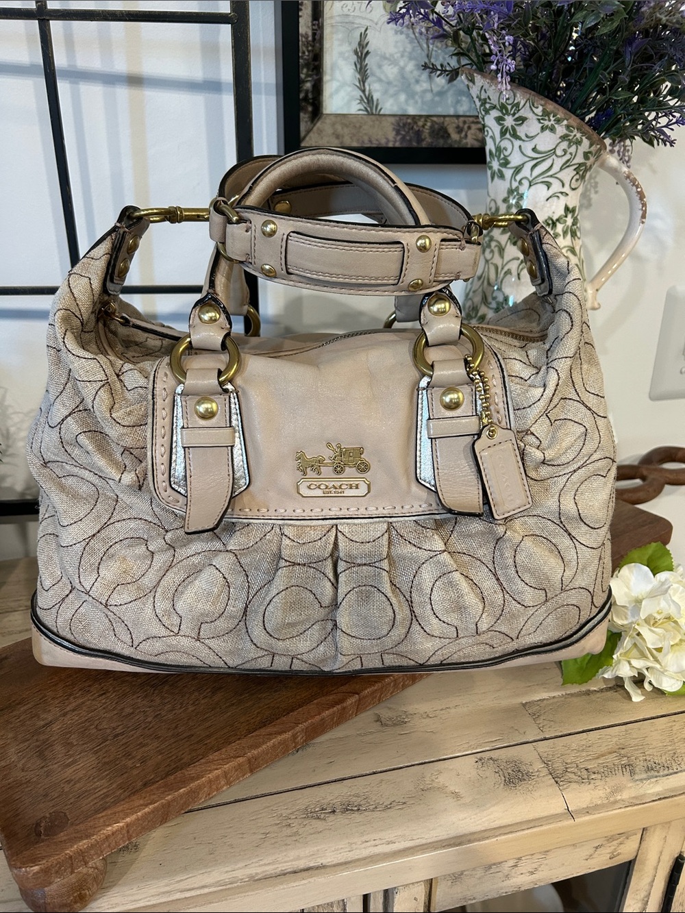 Coach Beige Signature Canvas Shoulder Bag with Leather Trim
